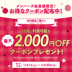 【会員様限定キャンペーン】最大2000円OFF!12月のお買い物にご利用頂けるクーポンプレゼント!