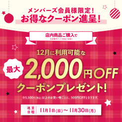 【会員様限定キャンペーン】最大2000円OFFクーポンプレゼント！12月のお買い物にご利用いただけます！